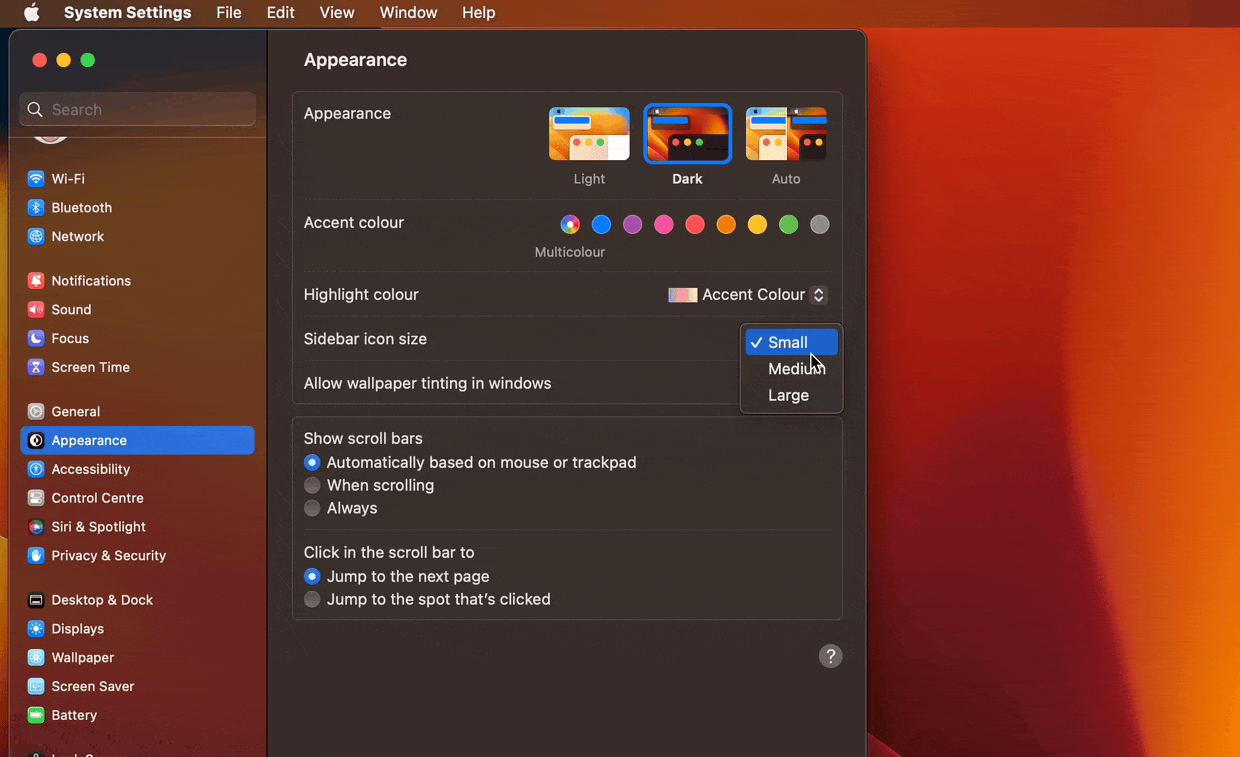 Change icon and font-size of System Settings Sidebar macOS Ventura 13